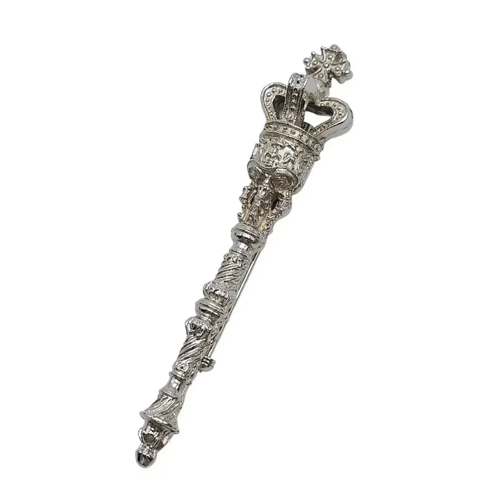 Crown Cross Scepter Staff Long Brooch Pin Silver Tone Vintage